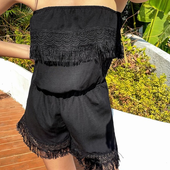 boho Black strapless lace fringe romper spring - Picture 5 of 6